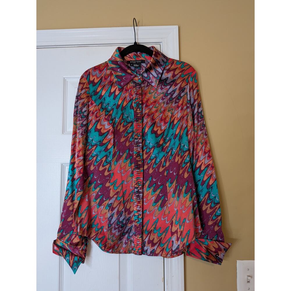 Etcetera Ikat Print Silk Blouse Size 6 Button Front Designer Dopamine Dressing